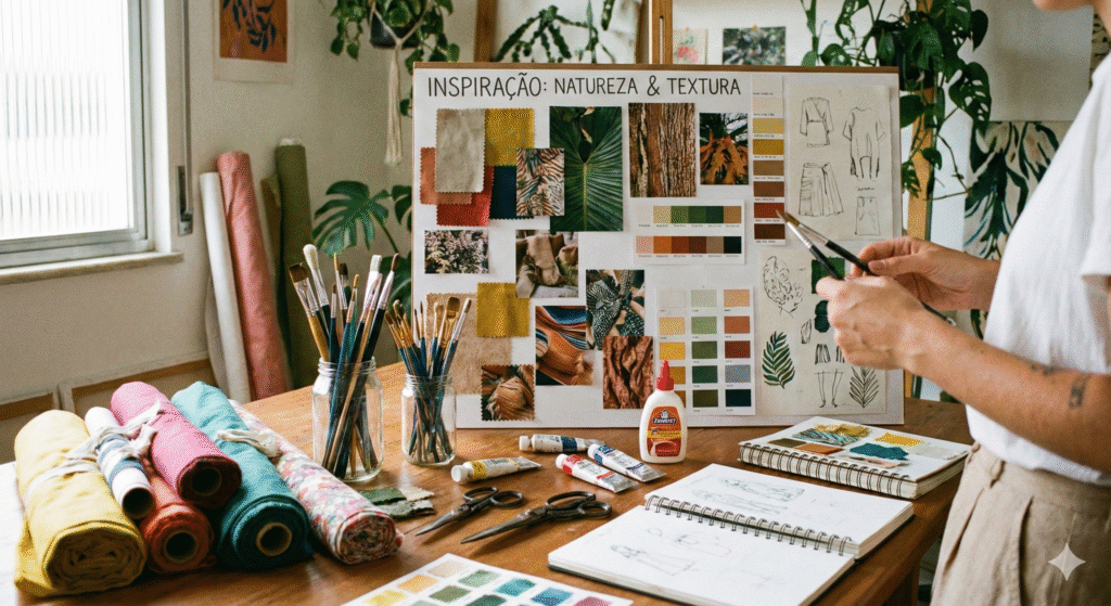 "Close-up de uma mesa de trabalho de artesanato organizada, contendo pincéis, tecidos coloridos, tesouras e um painel de inspiração (mood board) ao fundo, iluminada por luz natural suave."