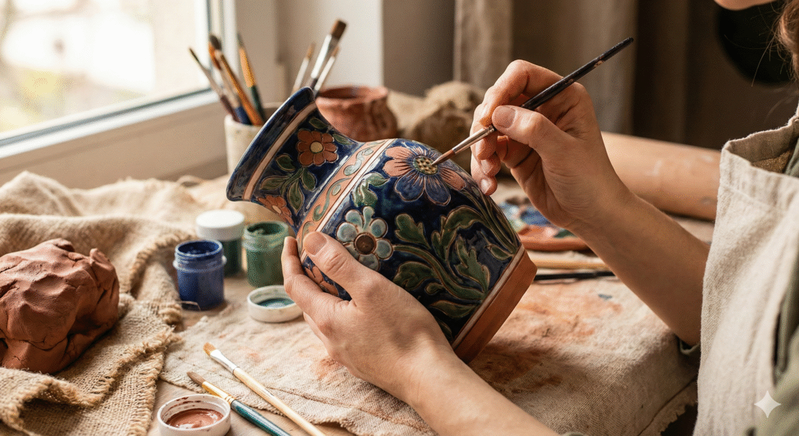 Mulher pintando à mão um vaso de cerâmica com detalhes florais em tons de azul, verde e terracota, sobre uma mesa rústica com pincéis, tintas e argila.
