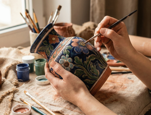 Mulher pintando à mão um vaso de cerâmica com detalhes florais em tons de azul, verde e terracota, sobre uma mesa rústica com pincéis, tintas e argila.