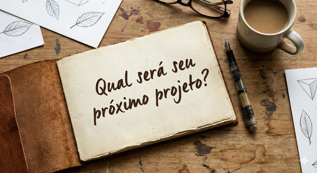"Fotografia vista de cima (flat lay) de um caderno de couro vintage aberto sobre uma mesa de madeira rústica. Na página envelhecida, a pergunta 'Qual será seu próximo projeto?' está escrita à mão com tinta marrom. Ao lado, há uma caneta-tinteiro, uma xícara de café, óculos de leitura e esboços de folhas."