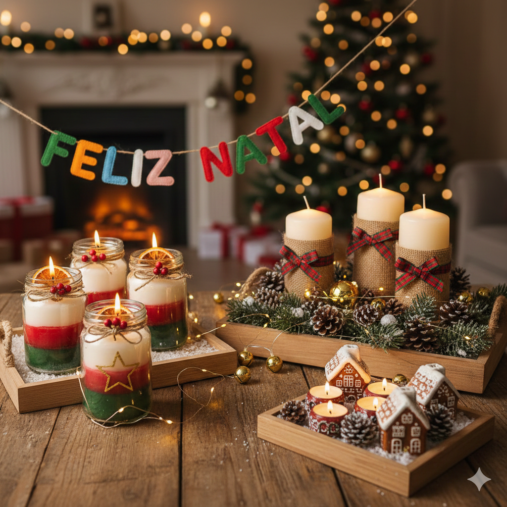 Bandeja com velas e decoração de Natal elegante em tons naturais.