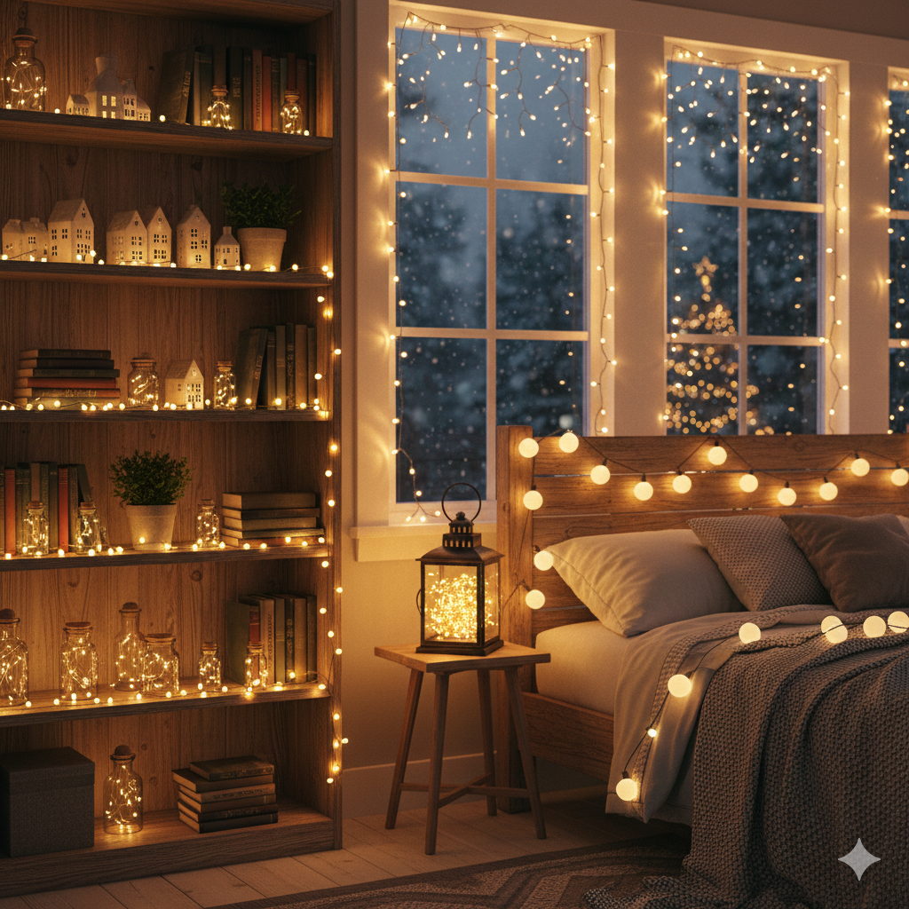 Luzes pisca-pisca amarelas deixando a decoração de Natal mais aconchegante e iluminada.