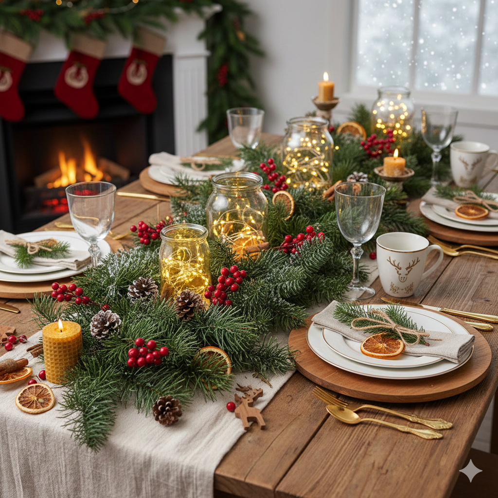 Arranjo natalino com pinhas, galhos verdes e detalhes naturais para decoração de Natal aconchegante.