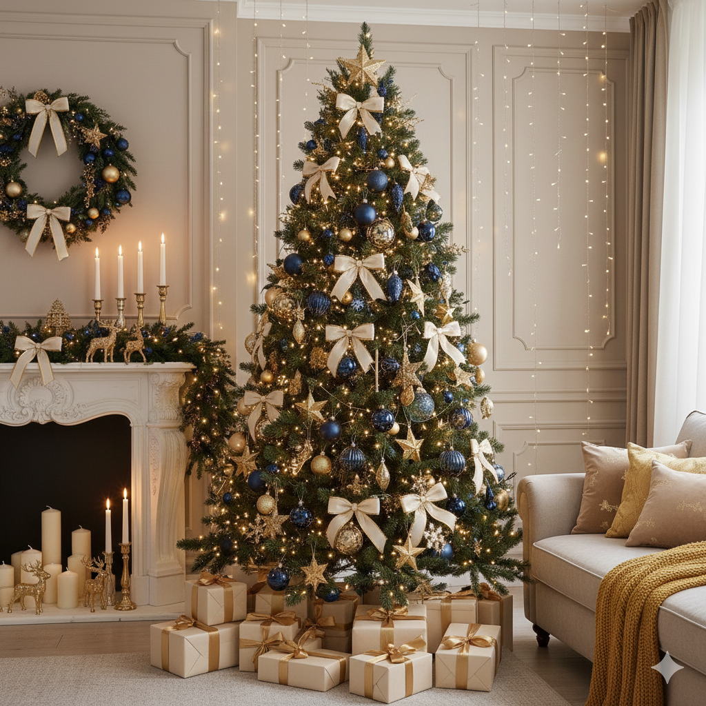 Sala de estar completa decorada para o Natal com iluminação quente e detalhes festivos.