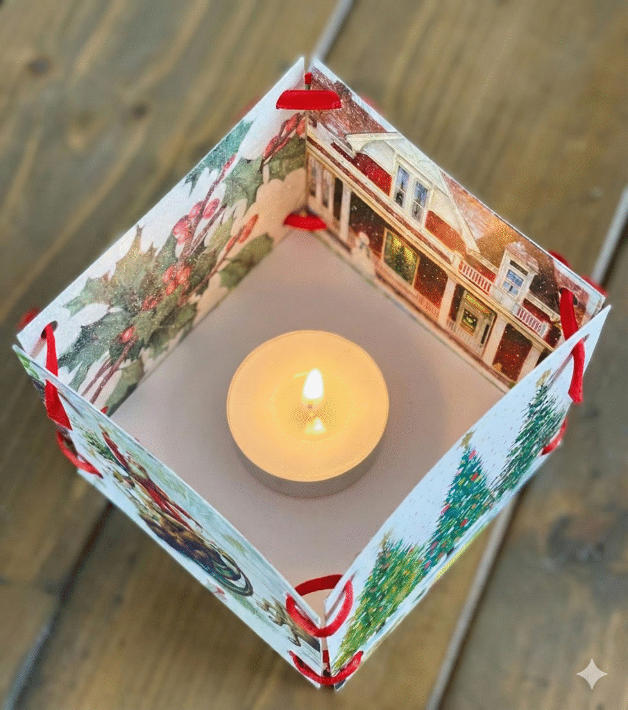 Vista de cima olhando para dentro de uma lanterna quadrada feita de cartões de Natal reciclados (azevinho, casa nevada, árvores) amarrados com fitas vermelhas, com uma vela rechaud acesa no centro.