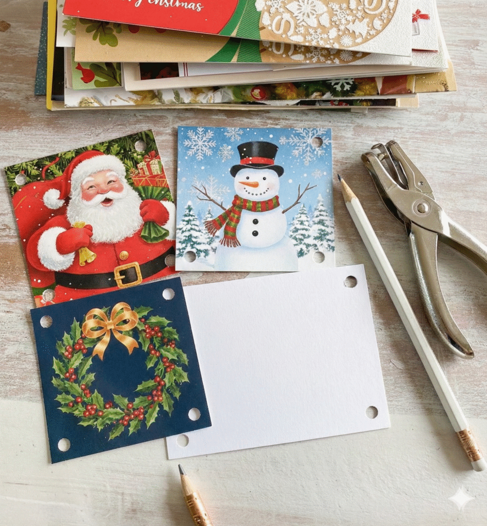 Vista superior de materiais de artesanato sobre mesa de madeira, incluindo quadrados cortados de cartões de Natal (Papai Noel, boneco de neve, guirlanda), um molde quadrado branco, um furador de metal e um lápis.