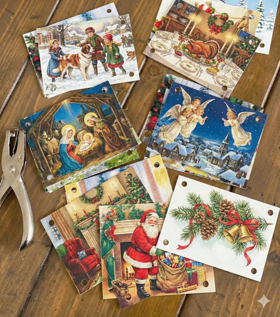 Quadrados recortados de cartões de Natal estilo vintage com furos nos quatro cantos, espalhados sobre uma mesa de madeira rústica ao lado de um furador de papel de metal.