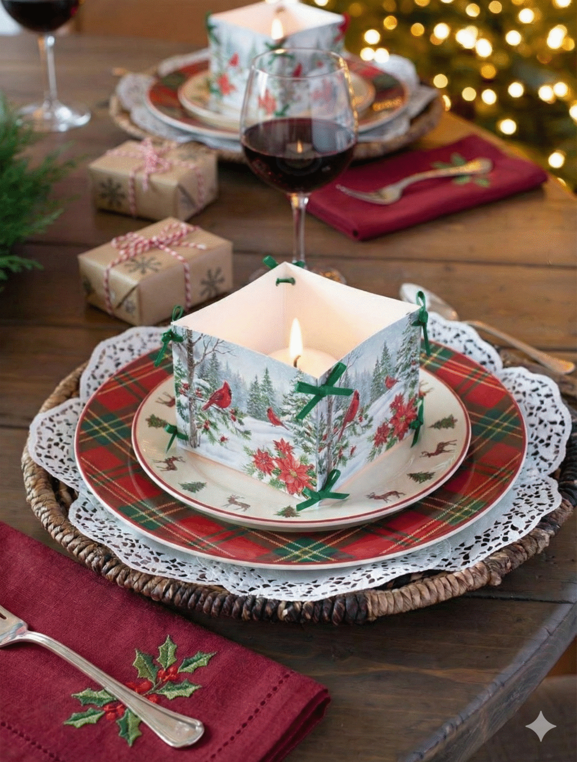 Mesa de Natal rústica posta com um centro de mesa quadrado de papel ilustrado com cardeais e vela acesa, sobre pratos xadrez vermelhos e verdes. Uma taça com vinho tinto, presentes embrulhados em papel pardo e um fundo com luzes de árvore de Natal desfocadas completam a cena.